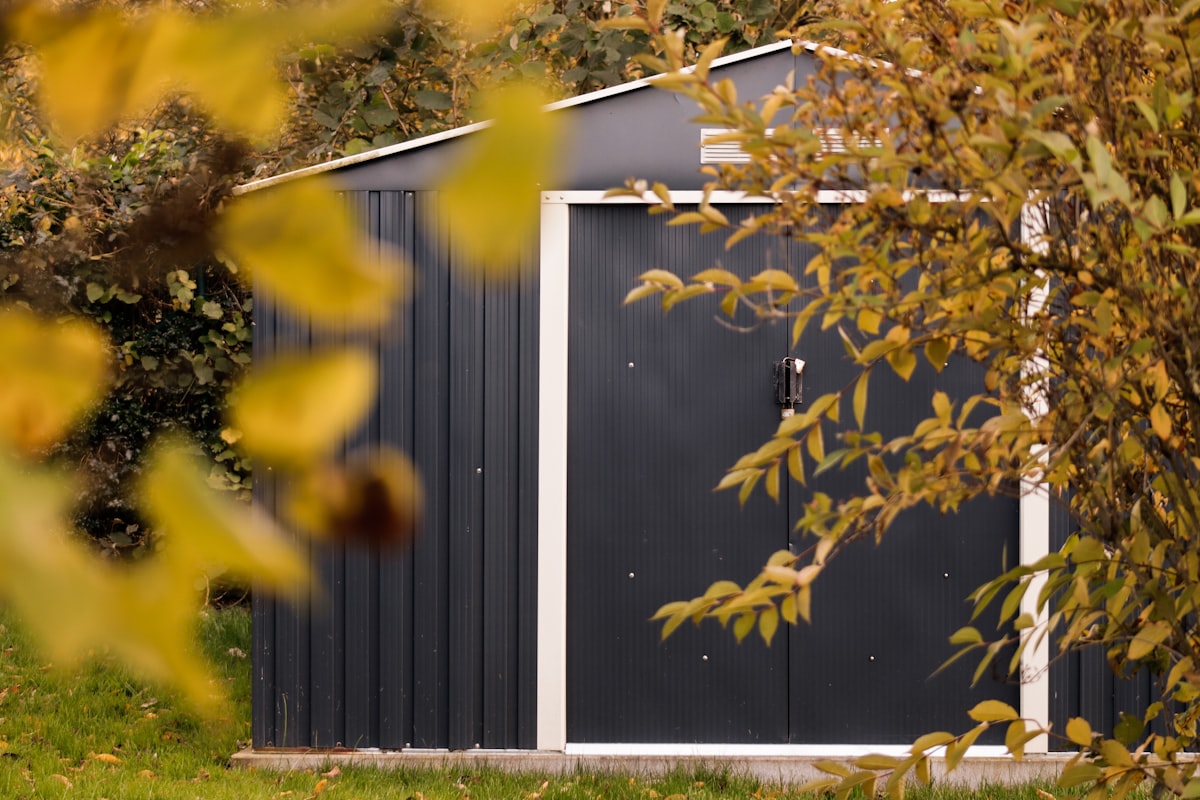 Achtertuin met houten schuur